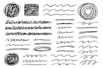 Hand-Drawn Brush Strokes, Arrows, Scribbles and Textured Ink Shapes Set &ndash; Abstract Marker Lines, Sketch Elements, Doodle Symbols and Grunge Design Collection