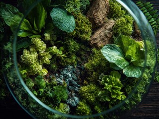 Top-View Lush Terrarium with Moss, Foliage and Stones