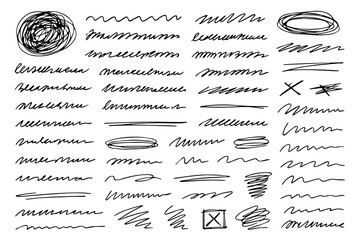 Hand-Drawn Brush Strokes, Arrows, Scribbles and Textured Ink Shapes Set &ndash; Abstract Marker Lines, Sketch Elements, Doodle Symbols and Grunge Design Collection