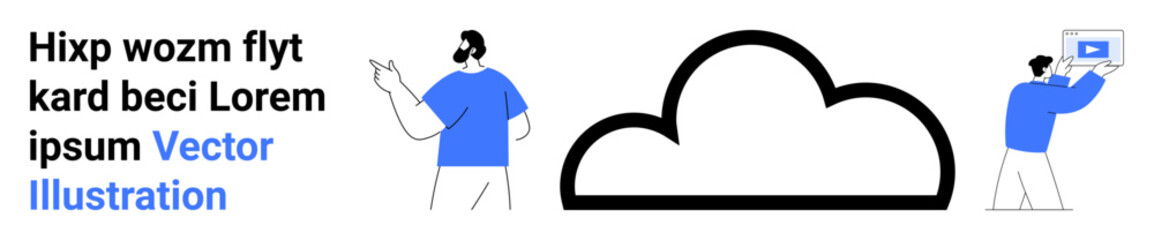 Cloud figure at the center flanked by a man pointing and another holding a laptop. Ideal for technology, cloud storage, teamwork, remote work, productivity, innovation, simple landing page