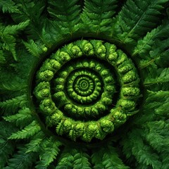 Symmetrical Fern Spiral Design in Vibrant Green Foliage