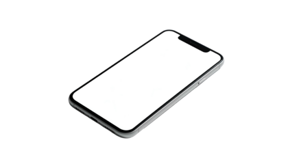 Angled view of a smartphone, screen lit white, floating against a black background