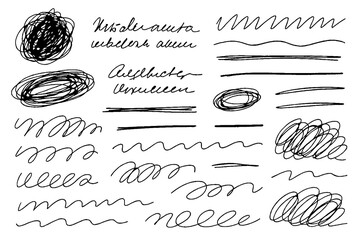 Hand-Drawn Brush Strokes, Arrows, Scribbles and Textured Ink Shapes Set &ndash; Abstract Marker Lines, Sketch Elements, Doodle Symbols and Grunge Design Collection