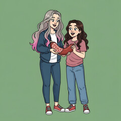 Two young women with distinct hairstyles stand together, smiling and holding a large sausage between them on a plain green background.