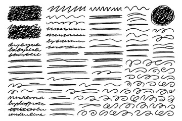 Hand-Drawn Brush Strokes, Arrows, Scribbles and Textured Ink Shapes Set &ndash; Abstract Marker Lines, Sketch Elements, Doodle Symbols and Grunge Design Collection
