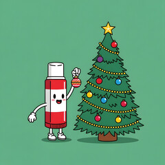 A cartoon glue stick decorates a Christmas tree with a festive ornament, its arms and legs animated for the holiday season.
