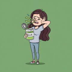 A girl holds a jar of glue while green fumes emanate from her nose and eyes, causing distress.