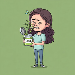 A young girl recoils from a jar of glue emitting a foul odor, her expression one of extreme displeasure and discomfort.