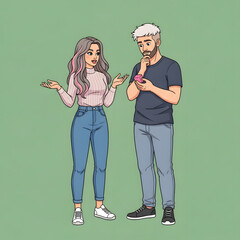 A woman gestures while talking to a man who is holding a pink object and looking pensive against a green background.