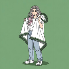 A young woman with long, wavy hair and pink streaks holds a fringed poncho over her shoulders against a green background.