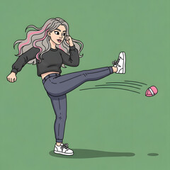 A young woman with long, wavy hair kicks a pink and white object across a green background.