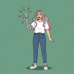 A young woman with grey hair and pink streaks experiences her arm transforming into stone, with rocks appearing to break off.