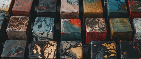 Collection of resin cubes features colorful and swirling patterns.
