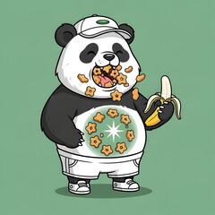 A happy panda wearing a baseball cap and shorts eats star-shaped cookies and a banana, with cookies on its belly.