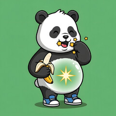 A cartoon panda happily eats a banana and star-shaped crackers, with a glowing star inside its belly.