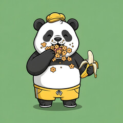 A cute cartoon panda wearing a yellow hat and shorts joyfully eats flower-shaped cookies and holds a banana.