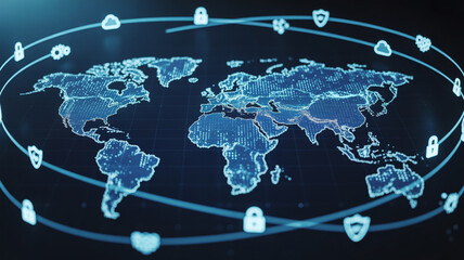Global cyber security network with neon world map and data protection icons