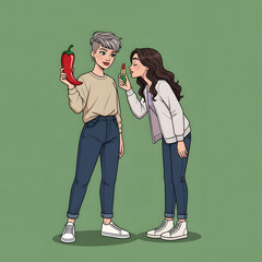 Two women stand against a green background; one holds a red chili pepper, the other applies lipstick.