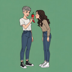 Two young women in denim jeans and casual tops interact with a red chili pepper on a green background.