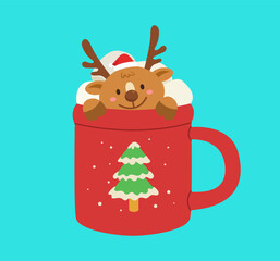 Christmas reindeer cartoon in marshmallow mug. Cute Christmas cartoon for festive greeting card. Flat vector illustration.