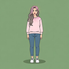 A young woman with long, wavy hair stands looking forward, wearing a pink sweater, blue jeans, and white sneakers.