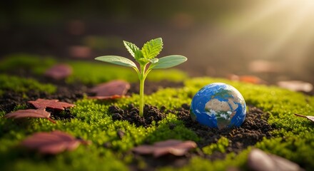 Global environment and the conservation of the planet. Eco-friendly life, sustainable nature, and climate change action. Tiny earth globe next to a small green plant sprout growing from the moss