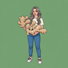 A woman with long hair holds a large bunch of ginger roots against a solid green background.