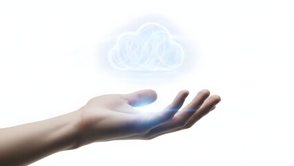 A human hand reaching out to display a glowing, wireframe cloud icon, representing the dynamic potential of secure cloud computing, global data networks, and cutting-edge digital technology solutions