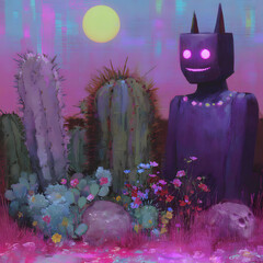 A tall, dark robot with glowing pink eyes stands in a desert landscape filled with cacti and colorful flowers under a yellow moon.