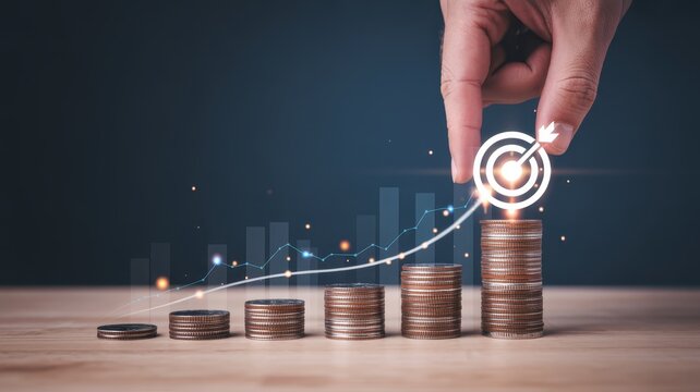 Human hand places glowing target icon atop increasing stacks of currency to illustrate financial achievement