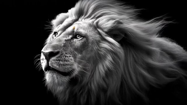 Majestic lion roaring powerfully in black and white with flowing mane under dramatic lighting