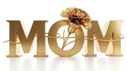 Golden MOM letters with a single golden carnation flower and ribbon mother love