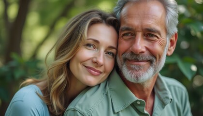 Joyful couple sharing a tender moment in nature