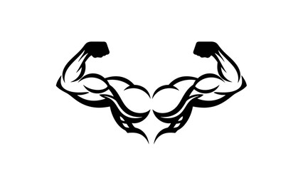 A stylized black and white graphic illustration of two muscular flexed biceps with tribal-like designs.