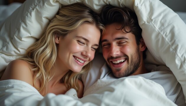 Joyful couple cuddling under soft blankets - Powered by Adobe