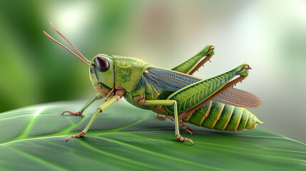 Fototapeta premium Detailed macro illustration of a green grasshopper standing on a leaf with vibrant colors and textures 