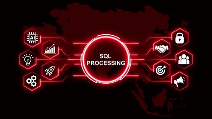 SQL Processing Cyber Security Concept. Business, Technology, Internet and network concept. Business icons on digital world map background. - Powered by Adobe