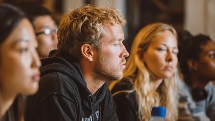 Engaged students listening attentively during a lecture in a university classroom setting in the evening