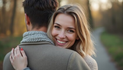 Fototapeta premium Couple embracing in a serene autumn park