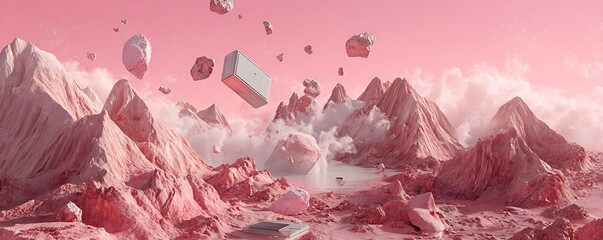 Floating hologram kiosk offering gadgets on pink volcanic moon surface