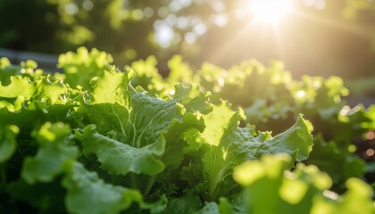 Vibrant Lettuce in a Sunlit Garden Fresh Greens Bathed in Golden Sunlight