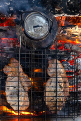 Grilling steaks over a campfire in the forest.