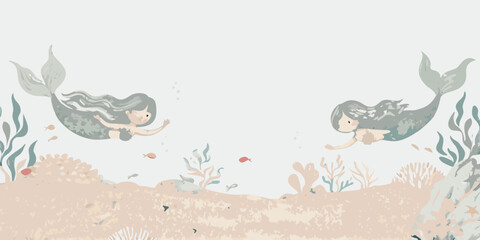 Two whimsical mermaids swimming amongst coral and marine life in soft hues