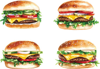 set of Juicy Cheeseburger Watercolor  vector illustration