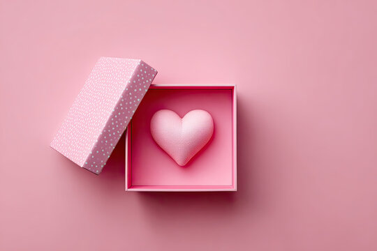 Open gift box with a cute little heart inside on pink background - Powered by Adobe