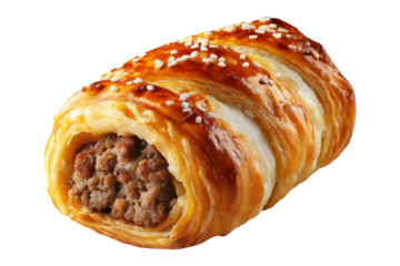 Australia sausage roll with golden puff pastry and meat filling, isolated on white background, concept of baked snacks