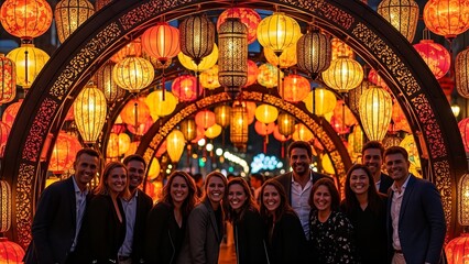 Diverse friends smiling under a vibrant arch of glowing Chinese lanterns at a festive night event.
