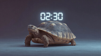 Exploration of Time and Nature: A Captivating Turtle Under a Digital Display at 02:30, Merging Wildlife and Modern Design in an Artistic Representation