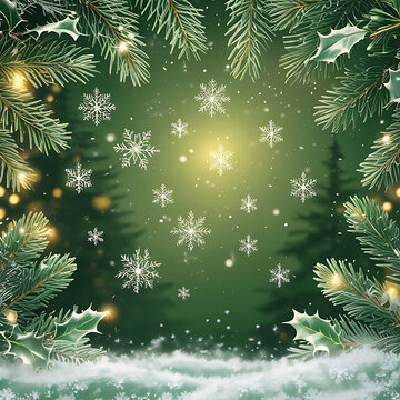 Christmas frame of pine branches holly and falling snowflakes holiday