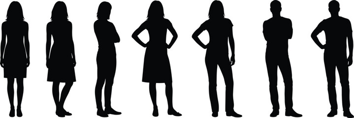 Confident men and women standing silhouettes in side and front views isolated on white background for fashion lifestyle and diversity concept